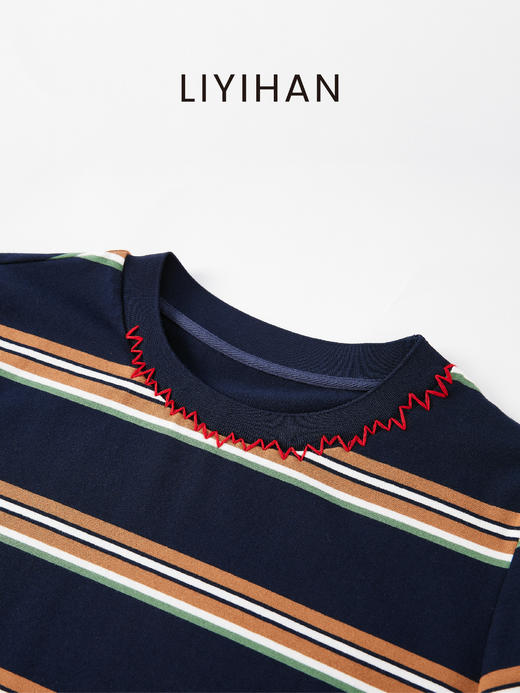 LIYIHAN序章 | 25夏棉条纹手工缝线T恤短款圆领宽松百搭短袖舒适 商品图4