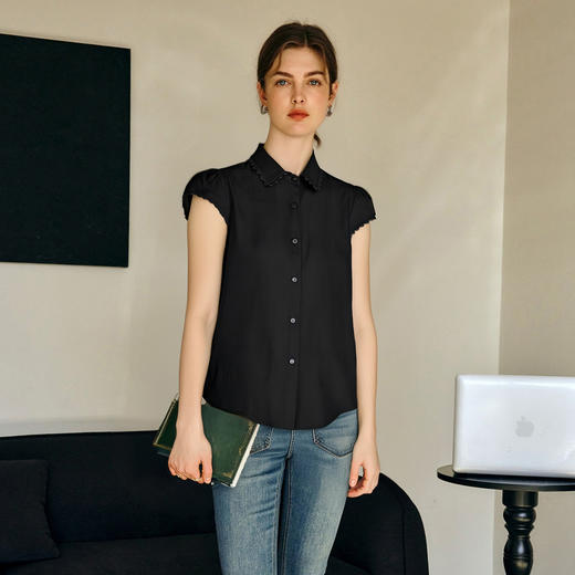 OLrain欧芮儿黑色短袖知性衬衫女夏季2025新款飞飞袖设计直筒上衣 商品图0