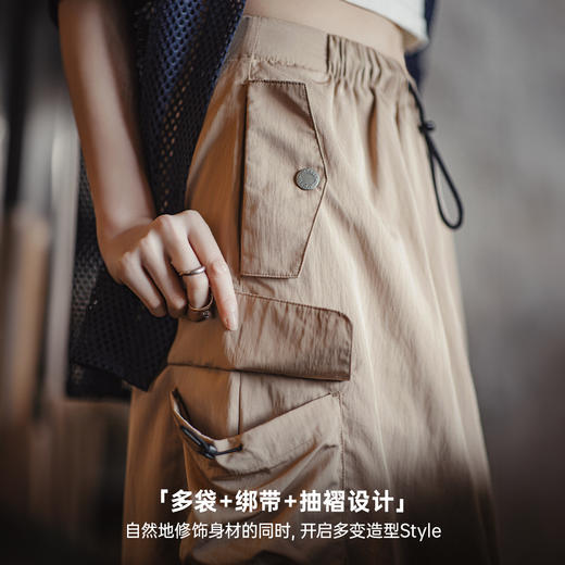 马登美式复古卡其色工装a字裙春款中腰多袋抽褶薄显瘦半身长裙女 商品图3