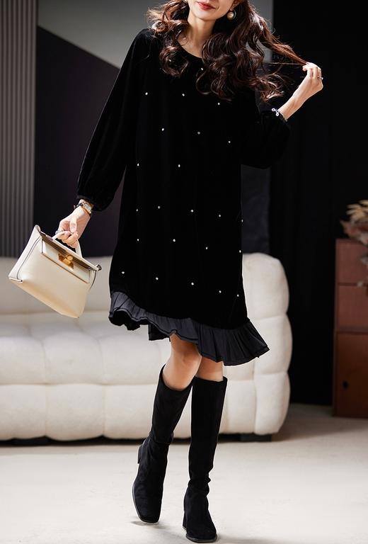 高矮胖瘦通吃重工钉钻丝绒拼接荷叶边连衣裙 商品图10