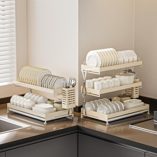 【碗碟架】1.多层设计 合理分区 2.底部配有防滑吸盘 稳固收纳碗碟 3.可折叠设计 折叠收纳 商品图3