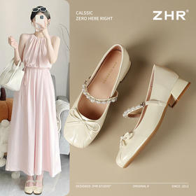 ZHR则则粗跟玛丽珍鞋2025新款气质百搭女鞋气质珍珠浅口单鞋女鞋