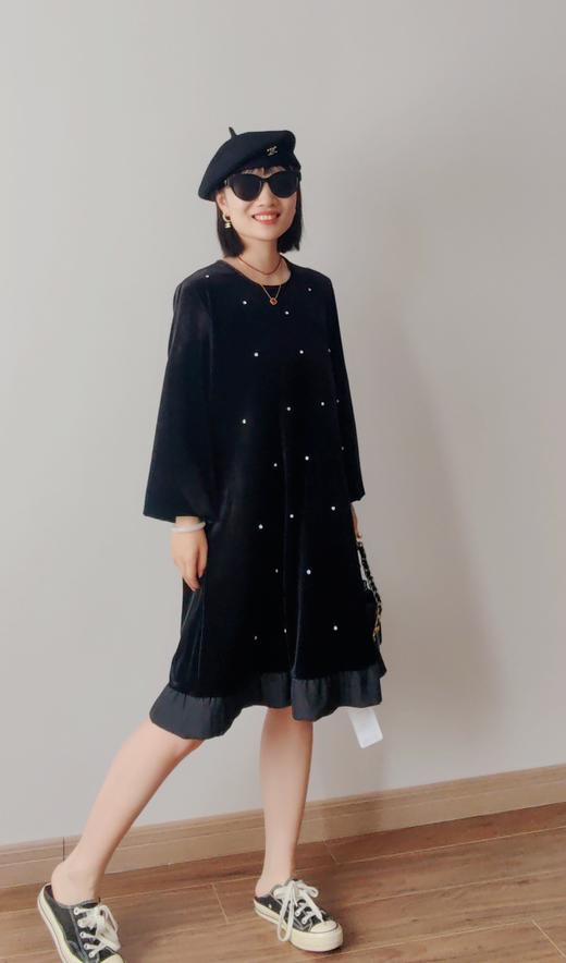 高矮胖瘦通吃重工钉钻丝绒拼接荷叶边连衣裙 商品图7