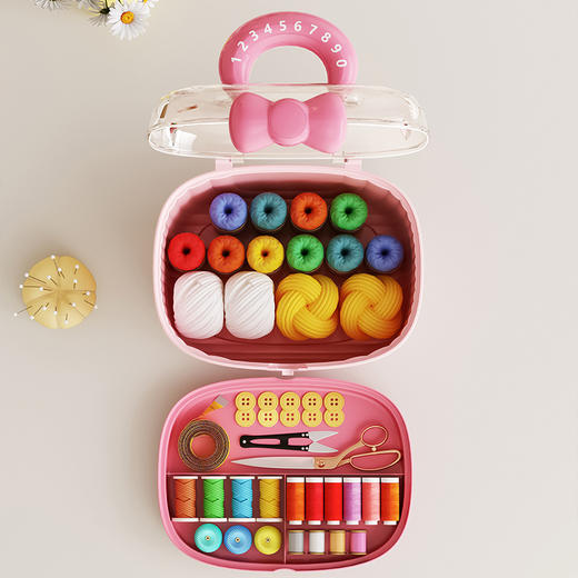 【缝补有我！一盒就够了】蝴蝶结针线收纳盒家用大容量双层带分隔可爱风蝴蝶结旋转diy工具收纳盒 商品图3