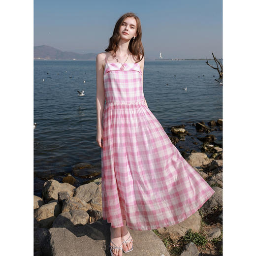 三彩2025夏季新款格纹吊带裙莱赛尔连衣裙收腰A字裙长裙甜美M 商品图2