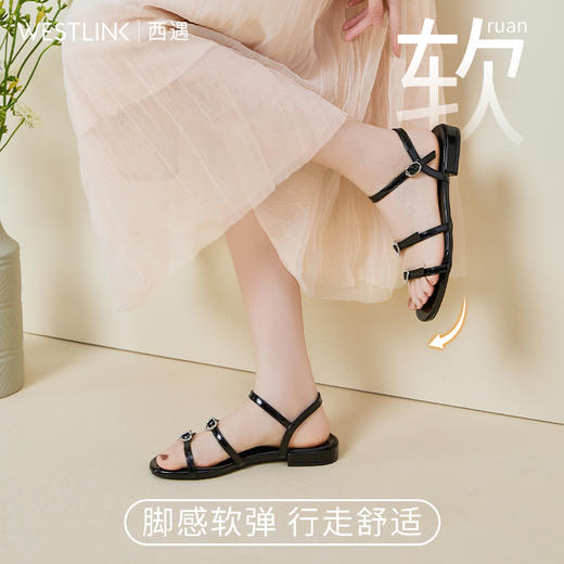 西遇平底凉鞋女新款夏季爱心水钻凉拖鞋黑色一字带时装凉鞋D1546733 商品图1