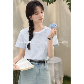 鹿向南「蓝色梦境」撞色圆领短袖T恤女夏季小香风肌理感正肩上衣