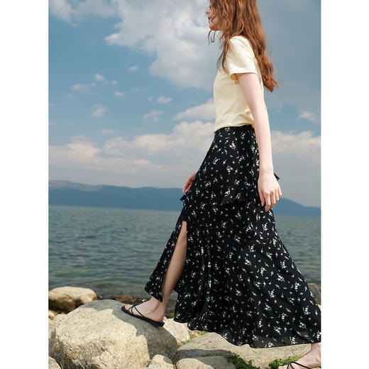 三彩2025夏季新款碎花半身裙荷叶边开叉鱼尾裙浪漫长裙M 商品图3