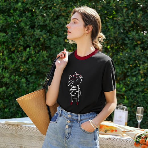 OLrain欧芮儿黑色设计感T恤女夏季2025新款卡通猫咪减龄撞色上衣 商品图2