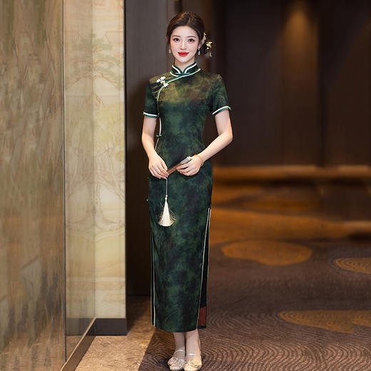 双层八扣国风新中式长款改良旗袍2025新款女复古修身短袖演出走秀旗袍ZA&WZY9336 商品图1