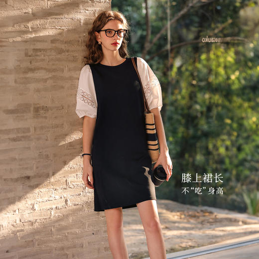 OLrain欧芮儿2025夏季新款直筒名媛风松弛感撞色蕾丝拼接连衣裙 商品图1