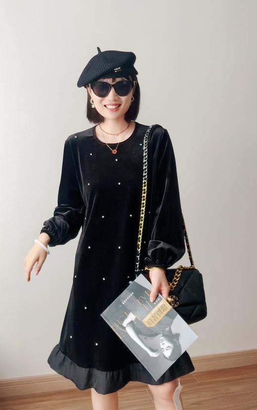 高矮胖瘦通吃重工钉钻丝绒拼接荷叶边连衣裙 商品图0