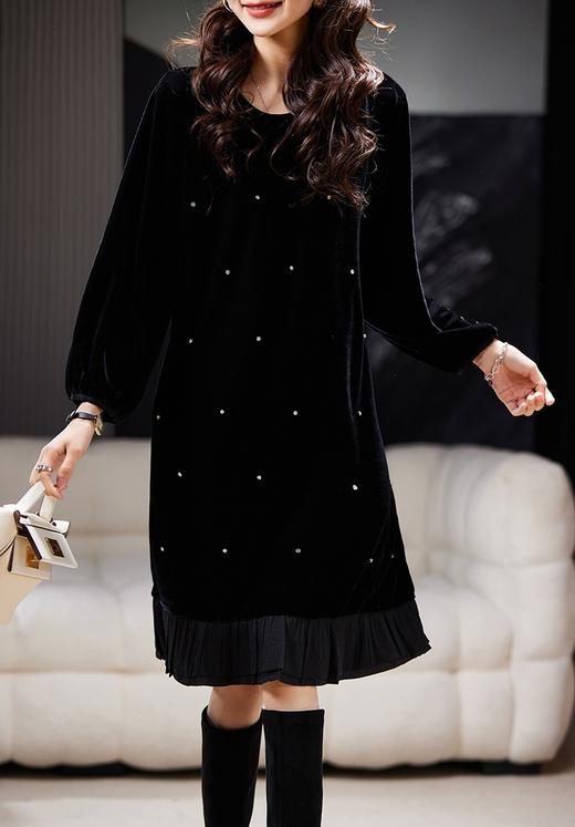 高矮胖瘦通吃重工钉钻丝绒拼接荷叶边连衣裙 商品图13