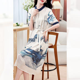 丁摩19姆米重磅斜纹绸真丝连衣裙女短袖大码印花系带桑蚕丝裙子AL9009