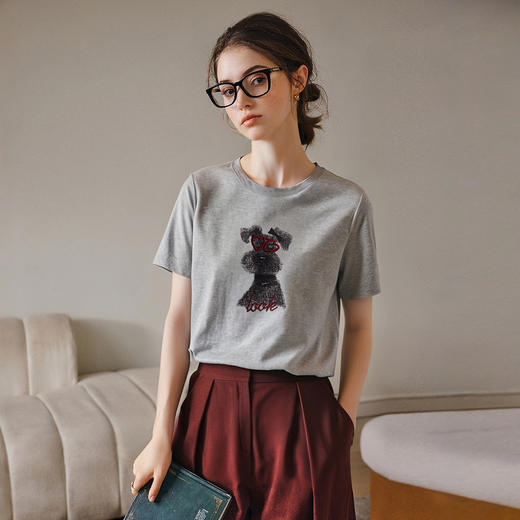 OLrain欧芮儿灰色设计感短袖T恤女夏季2025新款宽松印花刺绣上衣 商品图2