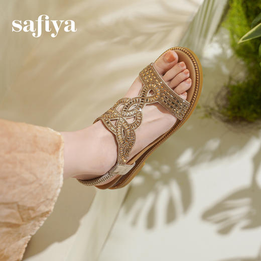 Safiya/索菲娅2025波西米亚水钻镂空休闲坡跟平底罗马度假凉鞋SFD2115348 商品图2
