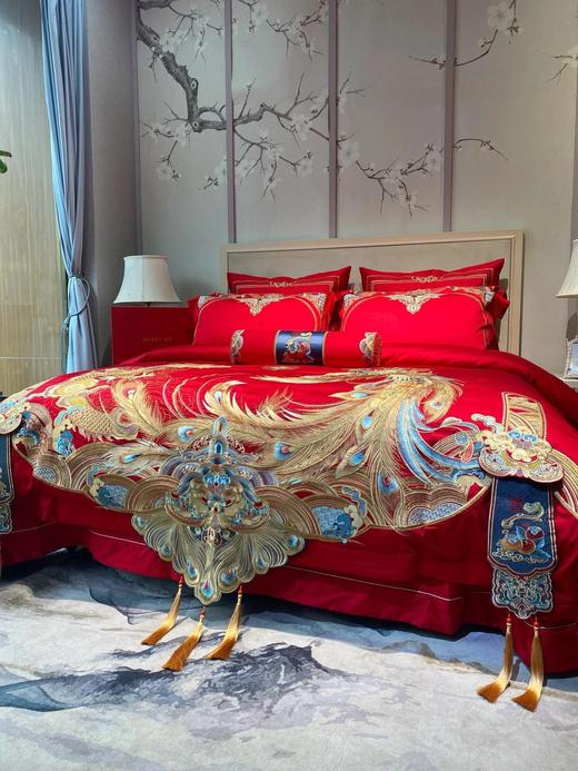 【高端婚庆】龙翔凤瑞w奢华重工刺绣100支新疆长绒棉婚礼四件套十件套 商品图1