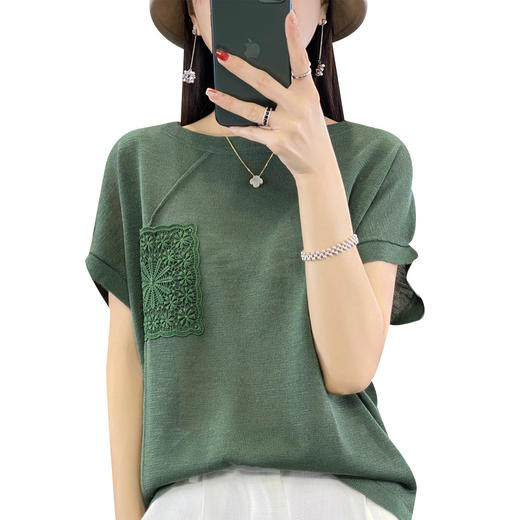 雀说圆领亚麻冰丝短袖t恤女夏季洋气时尚百搭减龄别致薄款针织衫上衣AL332 商品图4