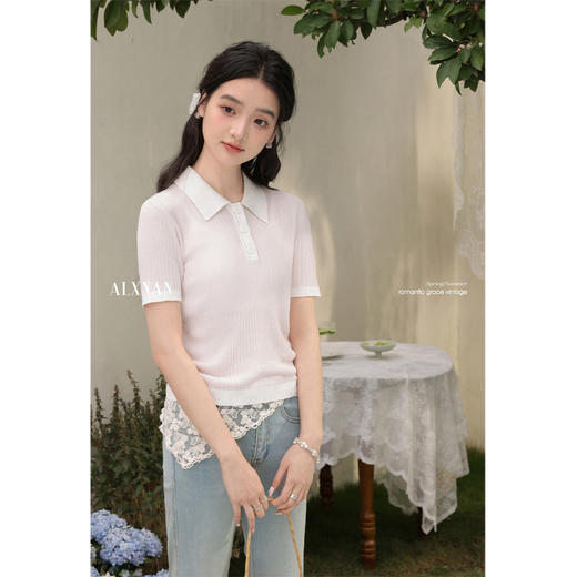 鹿向南「时尚轻语」浅粉色Polo领针织衫夏日新款时尚修身显瘦上衣L55012 商品图1