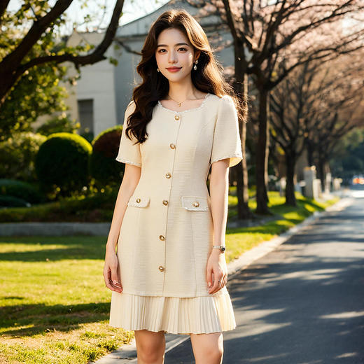 奢姿大码女装2025夏季纽扣装饰时尚连衣裙胖妹妹百褶小香风裙子9952890352 商品图4