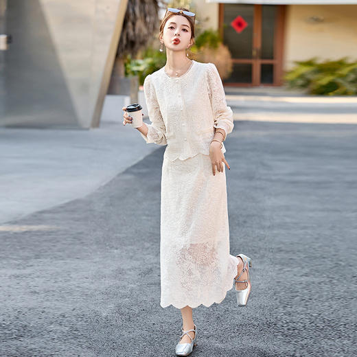 蕾丝薄款套装女2025夏季新款韩版气质名媛风轻熟高腰显瘦半身裙子HR-QINQGZ5571 商品图3