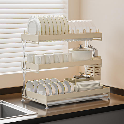 【碗碟架】1.多层设计 合理分区 2.底部配有防滑吸盘 稳固收纳碗碟 3.可折叠设计 折叠收纳 商品图5