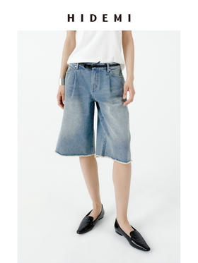HIDEMI 都市单宁系列多重水洗毛边做旧感牛仔中裤短裤