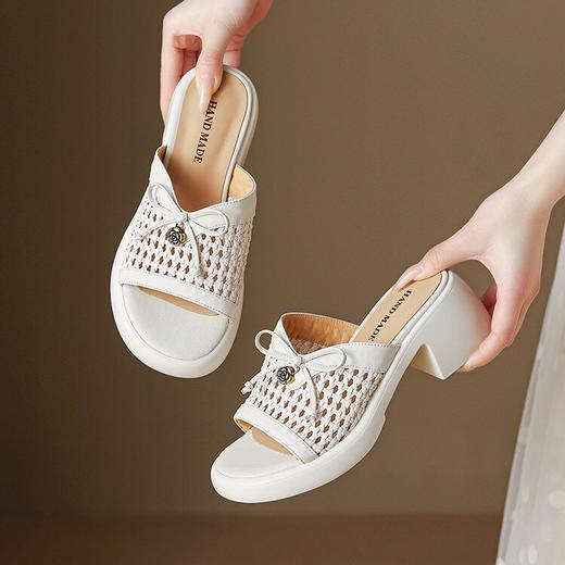 【预售5天】6CM拖鞋女夏外穿新款镂空编织半拖鞋蝴蝶结白色真皮一字拖鞋MLJ&C126 商品图3