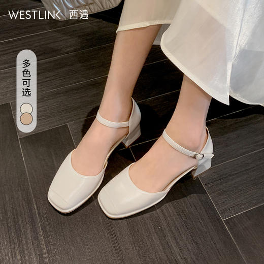 西遇法式粗跟单鞋女新款春夏侧空中跟包头凉鞋白色配裙子女鞋V0656461 商品图0