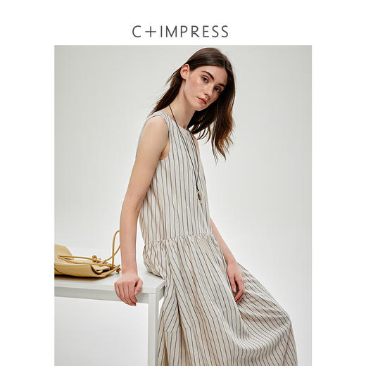 C+IMPRESS/西嘉醋酸亚麻 松弛感老钱风无袖连衣裙女条纹廓形a字裙LYQ2502008
 商品图2