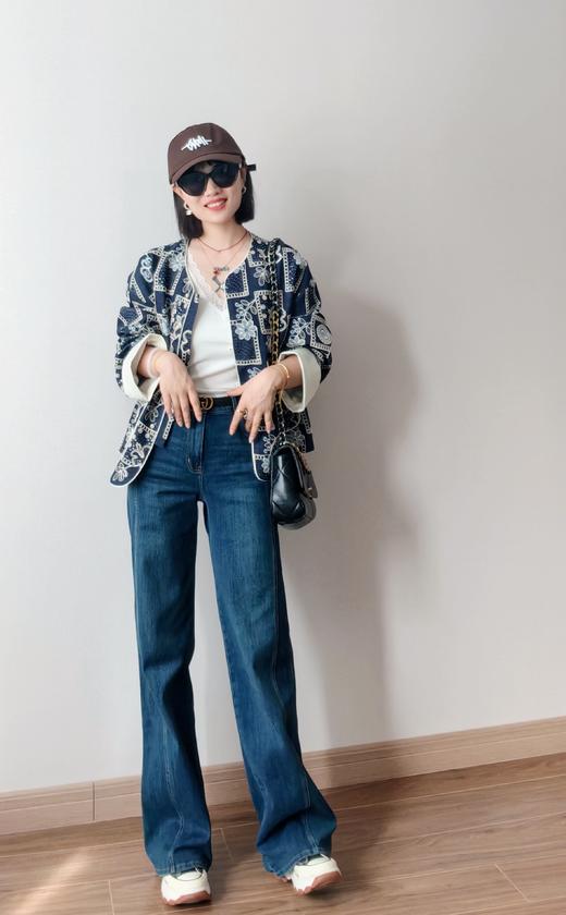 土耳其新款赵丽颖风吹半夏高腰斜裁弹力直筒宽松微喇叭牛仔裤 商品图2