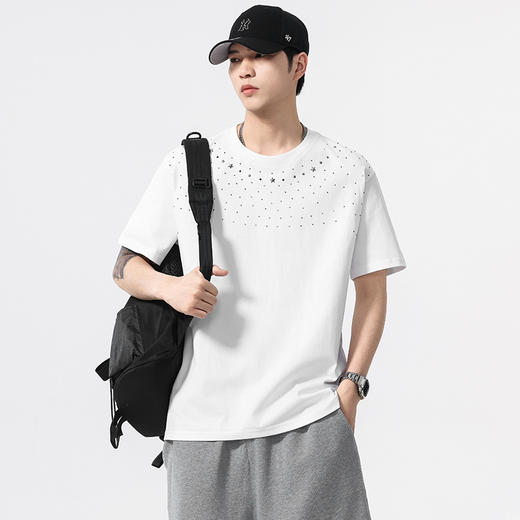 【100%棉】【DQ】大依优型大码男装240g重磅短袖T恤圆领宽松潮牌个性烫钻半袖上衣男士夏季新品 商品图3