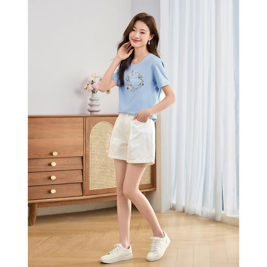 【专属特价】熙世界休闲棉质圆领正肩t恤夏季2025新款清新刺绣短袖体恤上衣 商品图4
