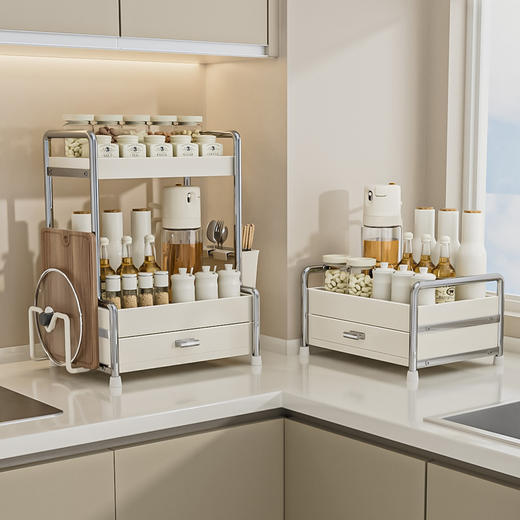 【调料架】小号单层、小号双层、大号单层、大号双层，1.抽屉收纳 储物收纳一体化2.防跌落设计 防止物品掉落3.精选碳钢材质 品质保障 商品图4