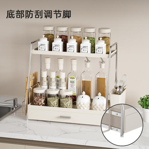 【调料架】小号单层、小号双层、大号单层、大号双层，1.抽屉收纳 储物收纳一体化2.防跌落设计 防止物品掉落3.精选碳钢材质 品质保障 商品图9