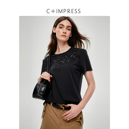 C+IMPRESS/西嘉长绒棉 镂空刺绣圆领T恤女夏新款简约百搭短袖上衣T2502049 商品图0