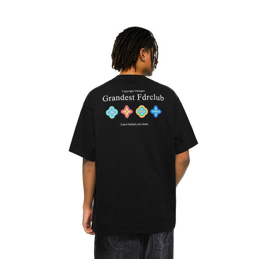 FDR官方店 玩趣四季花绒面发泡印花短袖t恤男女夏季宽松情侣上衣 商品图0