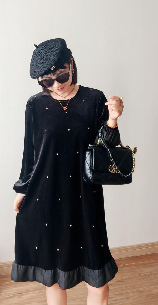 高矮胖瘦通吃重工钉钻丝绒拼接荷叶边连衣裙 商品图8