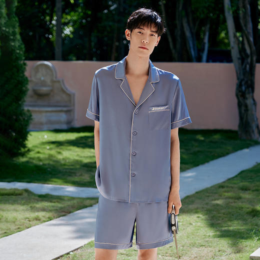 金三塔100%桑蚕丝 丝滑真丝男士短袖短裤两件套 宽松可外穿睡衣   YSMBB402（限价款） 商品图3