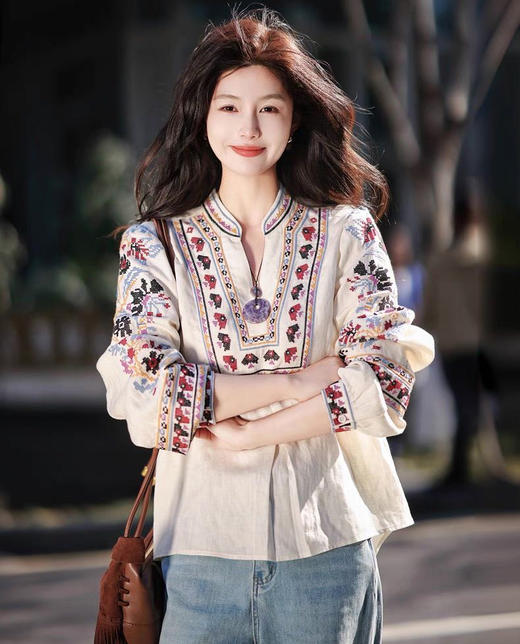 b@sh法式印花V领民族风棉亚麻混纺衬衫040803 商品图4