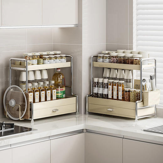 【调料架】小号单层、小号双层、大号单层、大号双层，1.抽屉收纳 储物收纳一体化2.防跌落设计 防止物品掉落3.精选碳钢材质 品质保障 商品图2