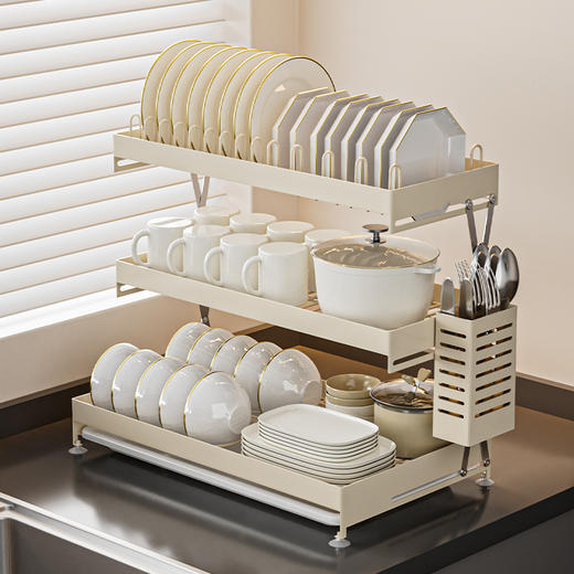 【碗碟架】1.多层设计 合理分区 2.底部配有防滑吸盘 稳固收纳碗碟 3.可折叠设计 折叠收纳 商品图0