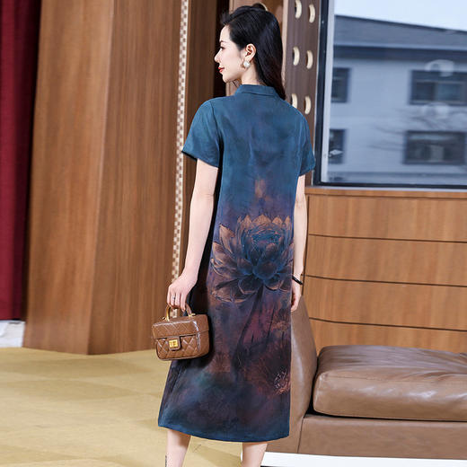 丁摩香云纱夏季短袖真丝旗袍连衣裙宽松大码过膝中长裙子AL221875 商品图1