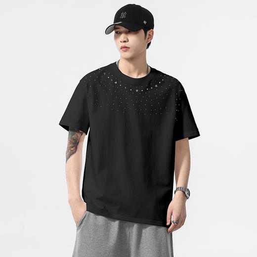 【100%棉】【DQ】大依优型大码男装240g重磅短袖T恤圆领宽松潮牌个性烫钻半袖上衣男士夏季新品 商品图2