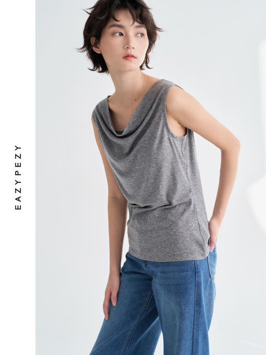 天丝羊毛荡领两穿无袖套头衫 商品图0