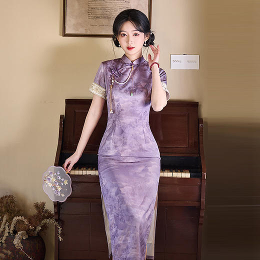 紫色送考中式绝美长款改良旗袍2025新款女复古修身短袖走秀春夏季旗袍ZA&SC20645 商品图2