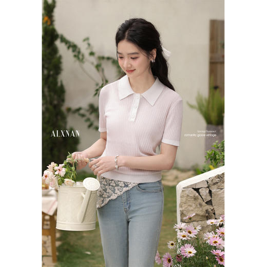 鹿向南「时尚轻语」浅粉色Polo领针织衫夏日新款时尚修身显瘦上衣L55012 商品图2