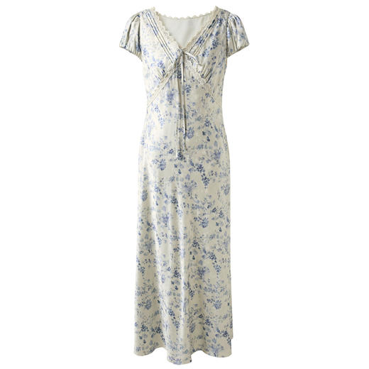 三彩2025夏季新款碎花连衣裙缎面提花斜裁A字裙蕾丝长裙M 商品图4