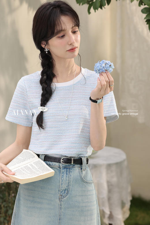 鹿向南「蓝色梦境」撞色圆领短袖T恤女夏季小香风肌理感正肩上衣 商品图5