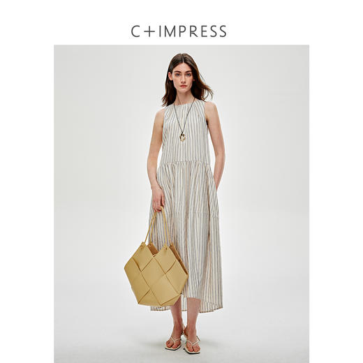 C+IMPRESS/西嘉醋酸亚麻 松弛感老钱风无袖连衣裙女条纹廓形a字裙LYQ2502008
 商品图3